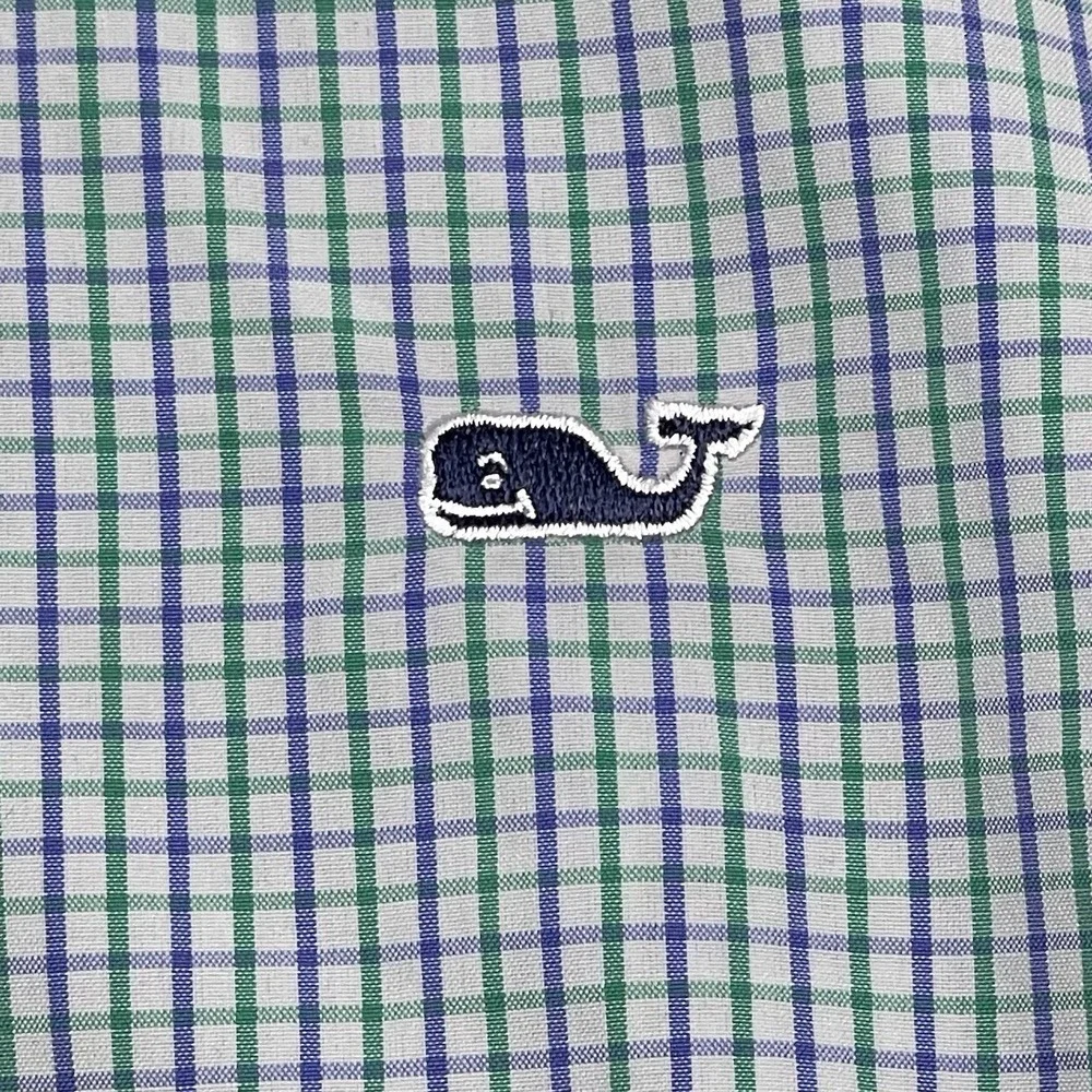 Vineyard Vines Men's XL White Green Purple Plaid Slim Fit Whale Checkered